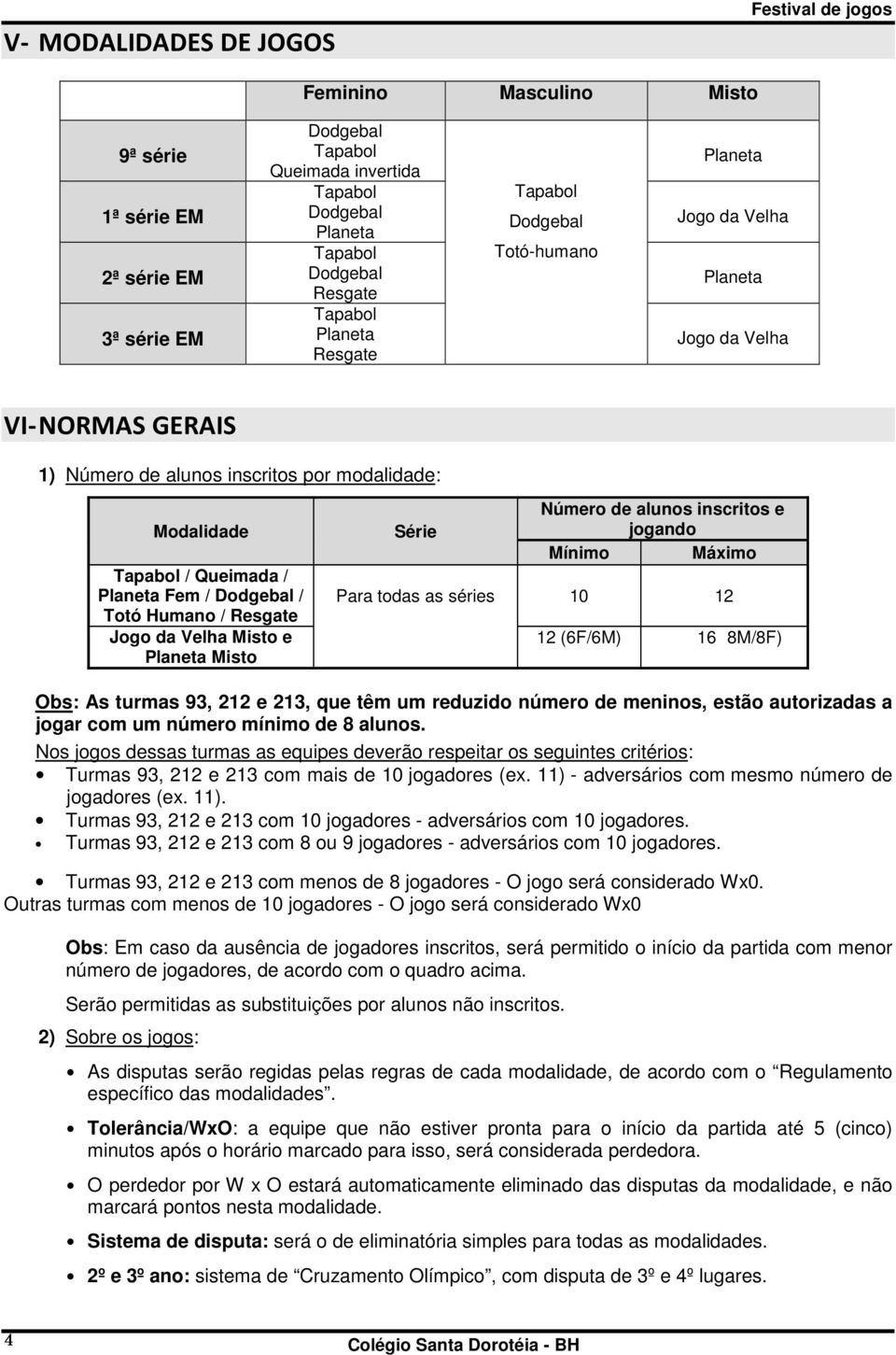 todas as séries 10 12 12 (6F/6M) 16 8M/8F) Obs: As turmas 93, 212 e 213, que têm um reduzido número de meninos, estão autorizadas a jogar com um número mínimo de 8 alunos.