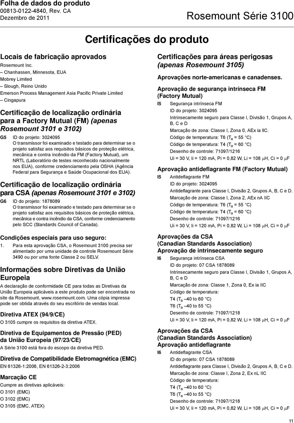 (apenas Rosemount 3101 e 3102) G5 ID do projeto: 3024095 O transmissor foi examinado e testado para determinar se o projeto satisfaz aos requisitos básicos de proteção elétrica, mecânica e contra