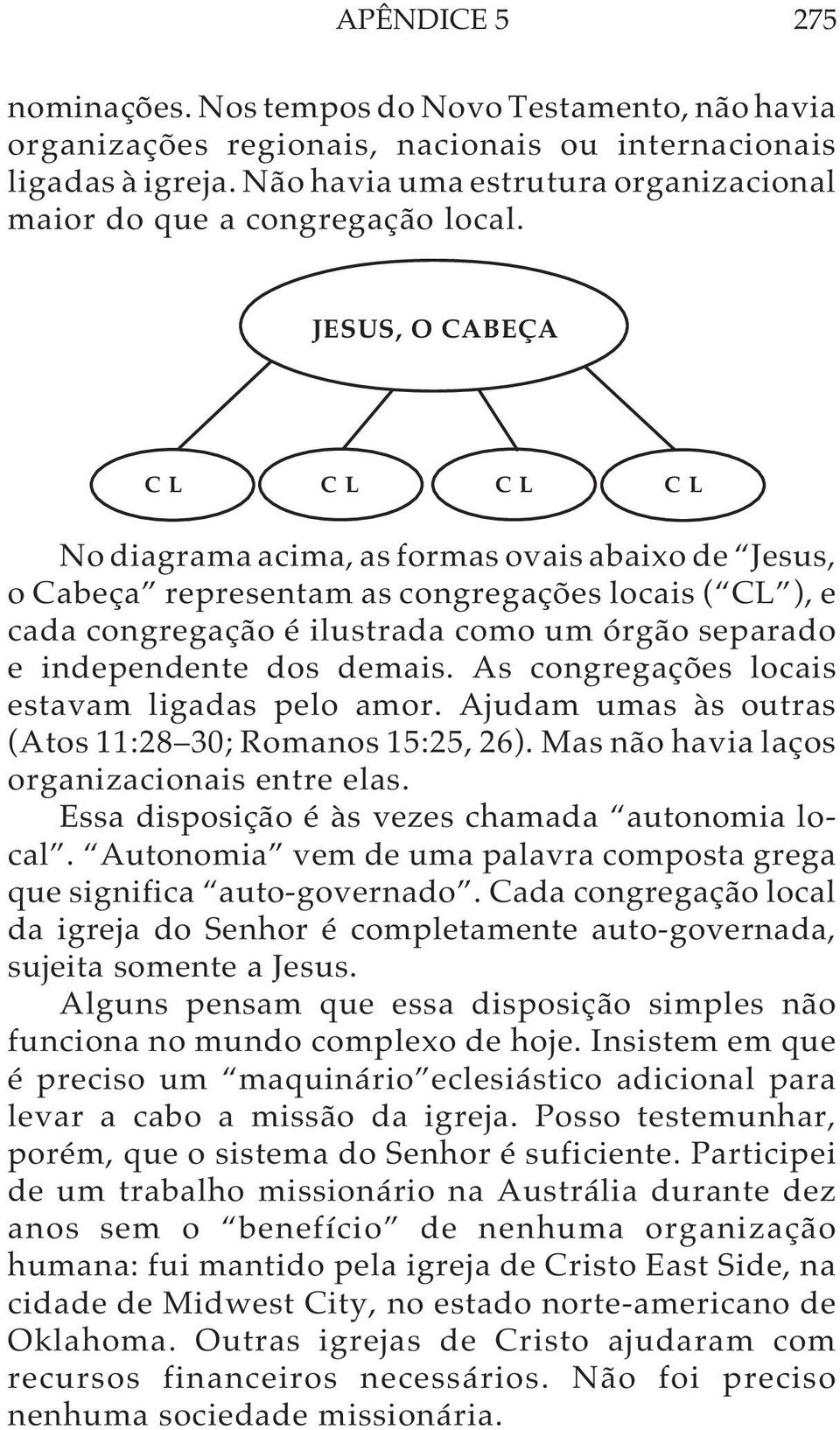 JESUS, O CABEÇA C L C L C L C L No diagrama acima, as formas ovais abaixo de Jesus, o Cabeça representam as congregações locais ( CL ), e cada congregação é ilustrada como um órgão separado e