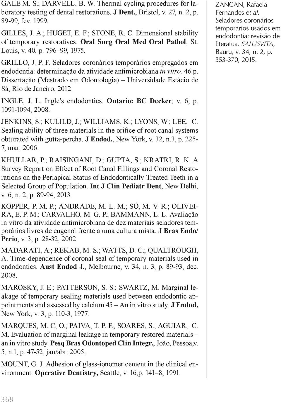 temporários empregados em endodontia: determinação da atividade antimicrobiana in vitro. 46 p. Dissertação (Mestrado em Odontologia) Universidade Estácio de Sá, Rio de Janeiro, 2012. INGLE, J. L.