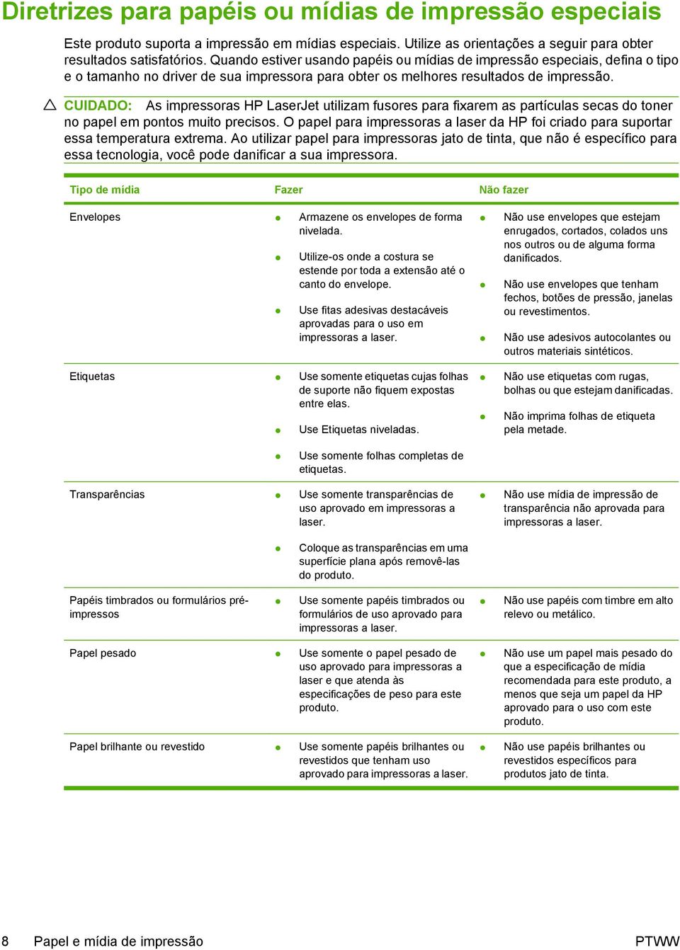 CUIDADO: As impressoras HP LaserJet utilizam fusores para fixarem as partículas secas do toner no papel em pontos muito precisos.