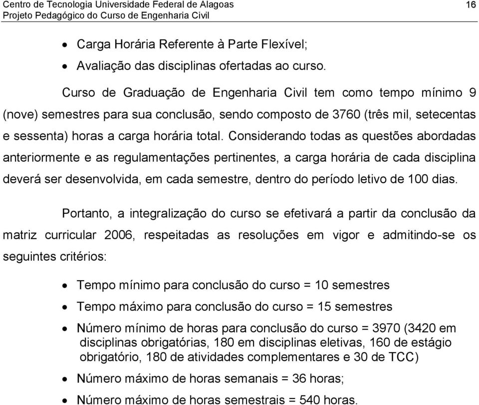 Considerando todas as questões abordadas anteriormente e as regulamentações pertinentes, a carga horária de cada disciplina deverá ser desenvolvida, em cada semestre, dentro do período letivo de 100