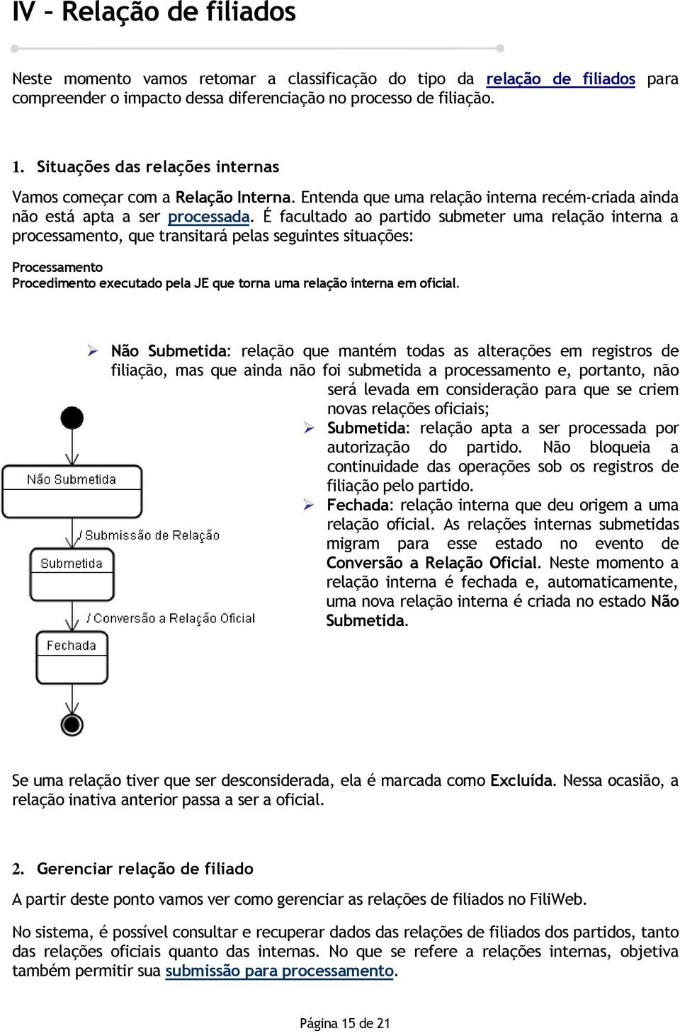 É facultado ao partido submeter uma relação interna a processamento, que transitará pelas seguintes situações: Processamento Procedimento executado pela JE que torna uma relação interna em oficial.