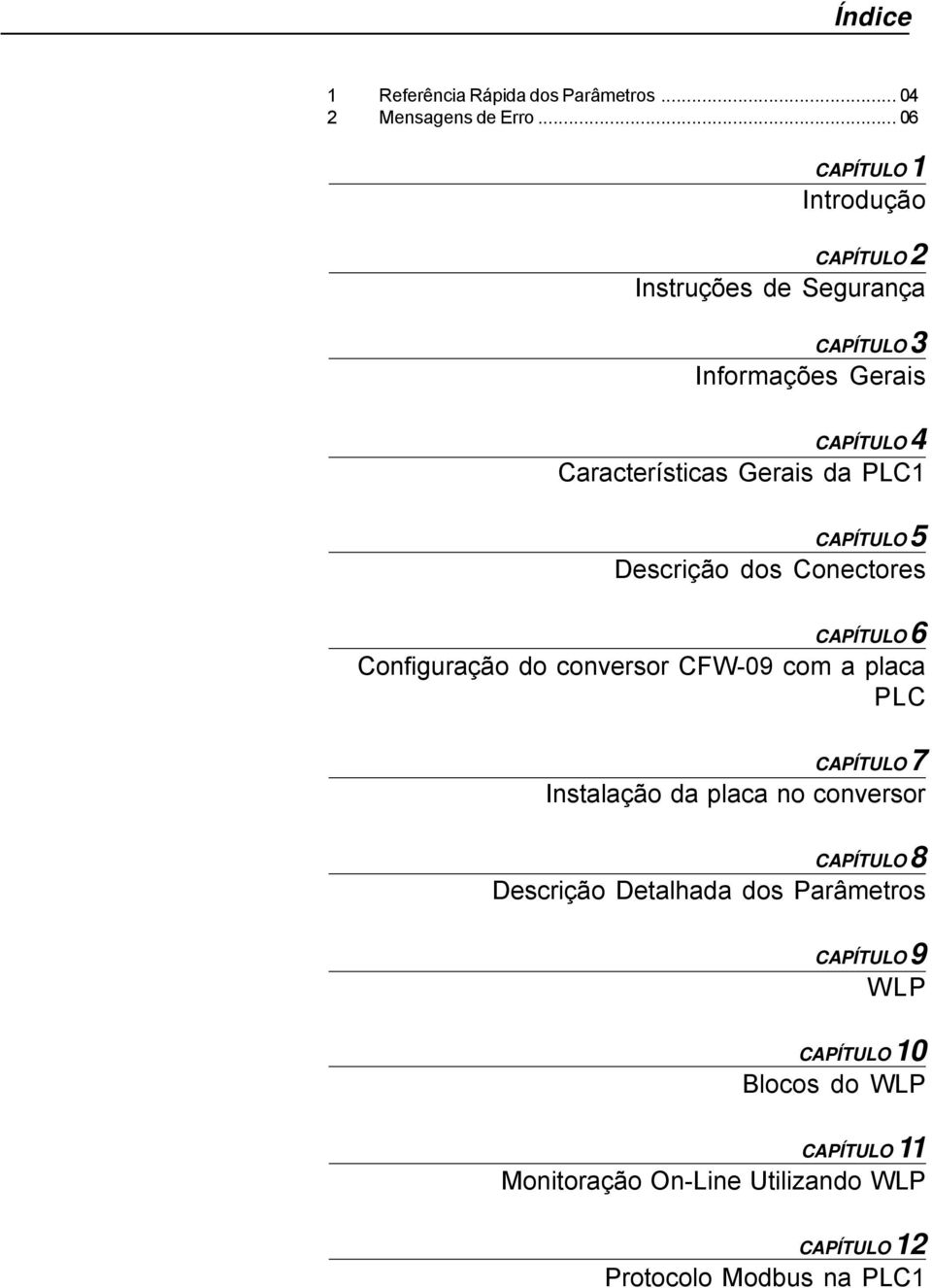 da PLC1 CAPÍTULO 5 Descrição dos Conectores CAPÍTULO 6 Configuração do conversor CFW-09 com a placa PLC CAPÍTULO 7 Instalação da