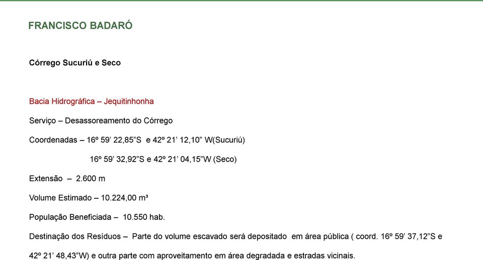 600 m Volume Estimado 10.224,00 m³ População Beneficiada 10.550 hab.