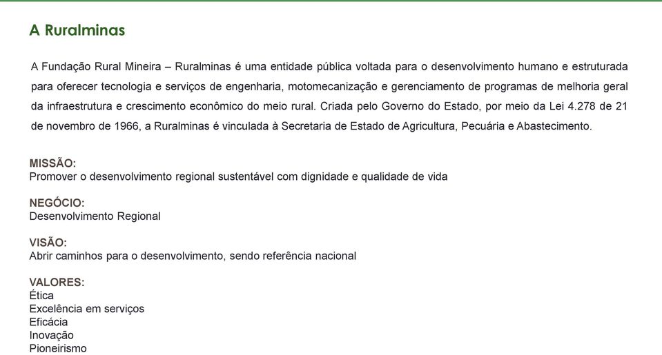 278 de 21 de novembro de 1966, a Ruralminas é vinculada à Secretaria de Estado de Agricultura, Pecuária e Abastecimento.