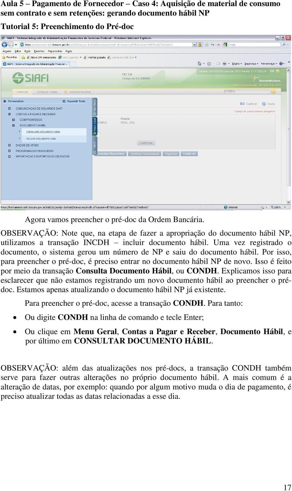 Uma vez registrado o documento, o sistema gerou um número de NP e saiu do documento hábil. Por isso, para preencher o pré-doc, é preciso entrar no documento hábil NP de novo.