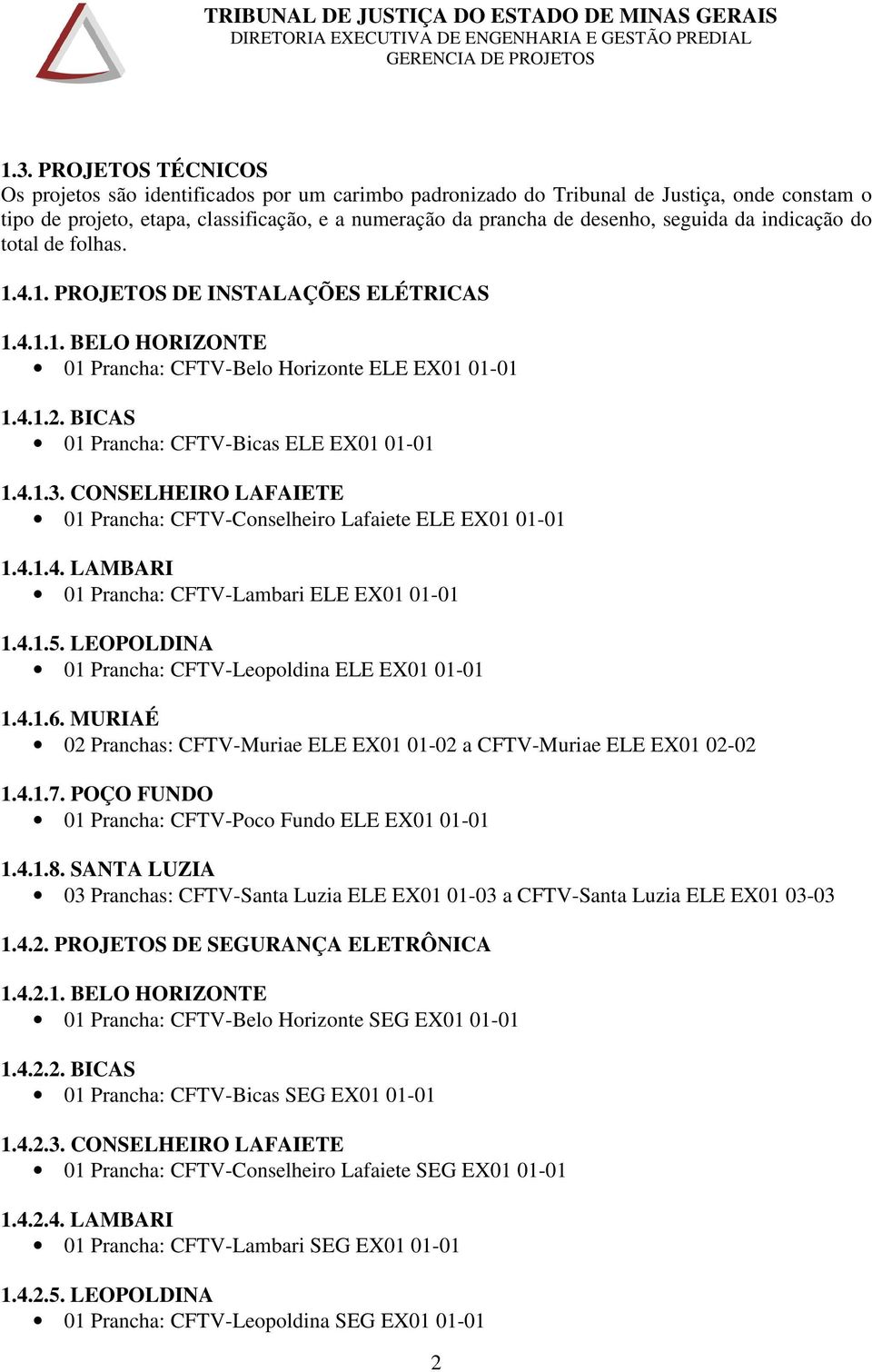 BICAS 01 Prancha: CFTV-Bicas ELE EX01 01-01 1.4.1.3. CONSELHEIRO LAFAIETE 01 Prancha: CFTV-Conselheiro Lafaiete ELE EX01 01-01 1.4.1.4. LAMBARI 01 Prancha: CFTV-Lambari ELE EX01 01-01 1.4.1.5.