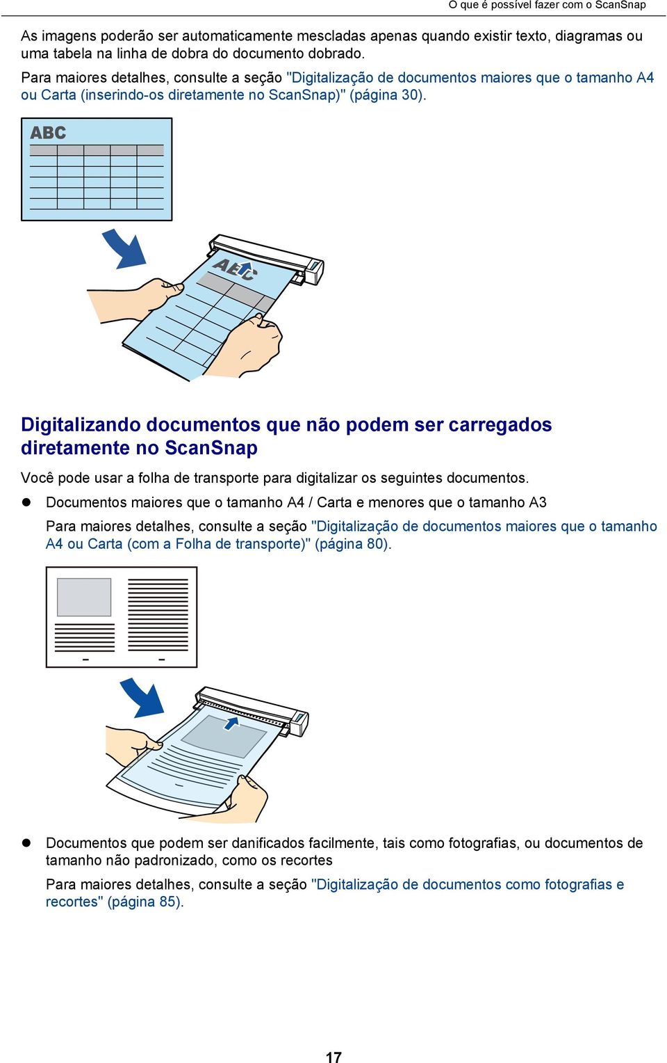 Digitalizando documentos que não podem ser carregados diretamente no ScanSnap Você pode usar a folha de transporte para digitalizar os seguintes documentos.
