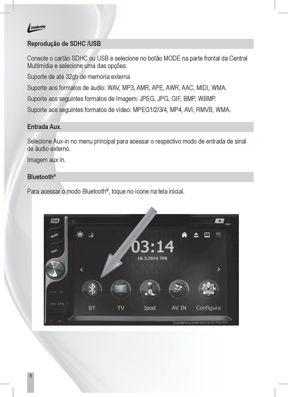 Suporte aos seguintes formatos de Imagem: JPEG, JPG, GIF, BMP, WBMP. Suporte aos seguintes formatos de vídeo: MPEG1/2/3/4, MP4, AVI, RMVB, WMA.