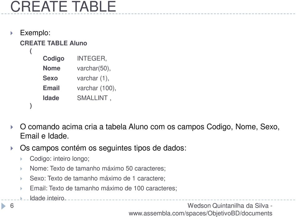 Os campos contém os seguintes tipos de dados: Codigo: inteiro longo; Nome: Texto de tamanho máximo 50