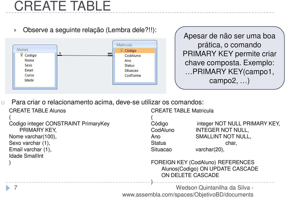 PrimaryKey PRIMARY KEY, Nome varchar(100), Sexo varchar (1), Email varchar (1), Idade SmallInt ) 7 CREATE TABLE Matricula ( Código integer NOT NULL PRIMARY
