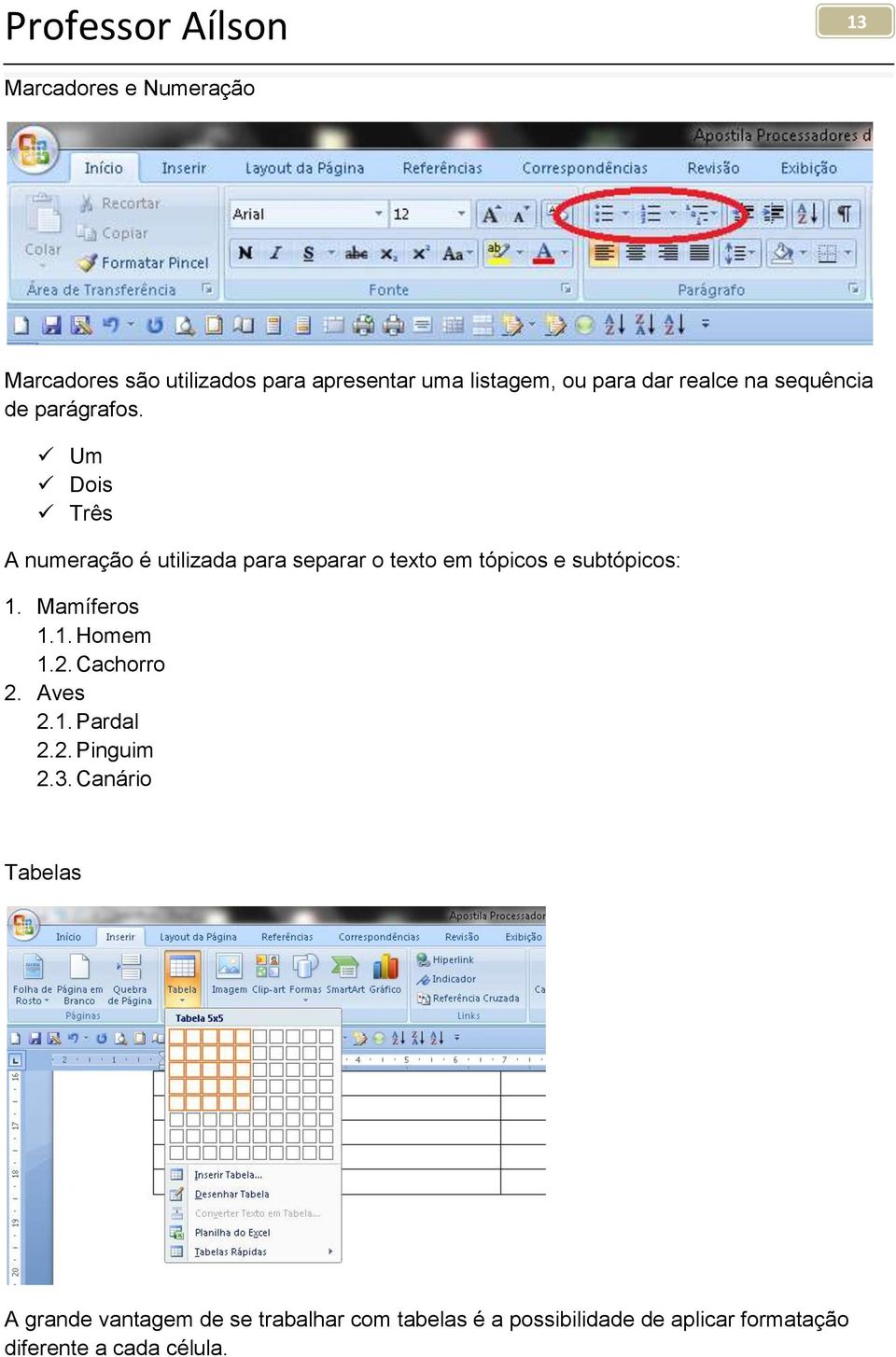 Um Dois Três A numeração é utilizada para separar o texto em tópicos e subtópicos: 1. Mamíferos 1.1. Homem 1.