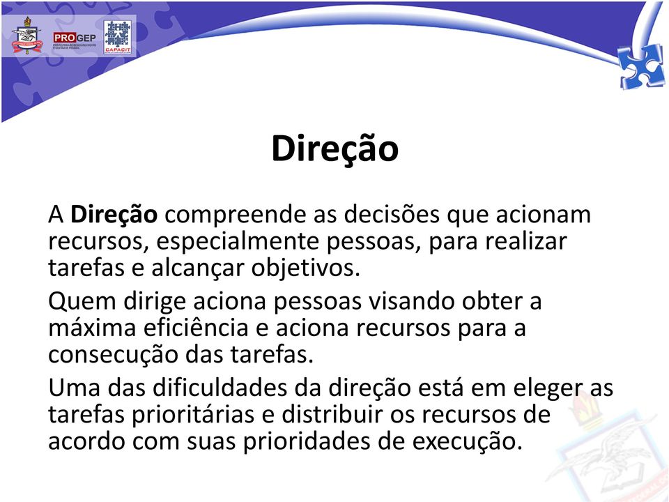 Quem dirige aciona pessoas visando obter a máxima eficiência e aciona recursos para a