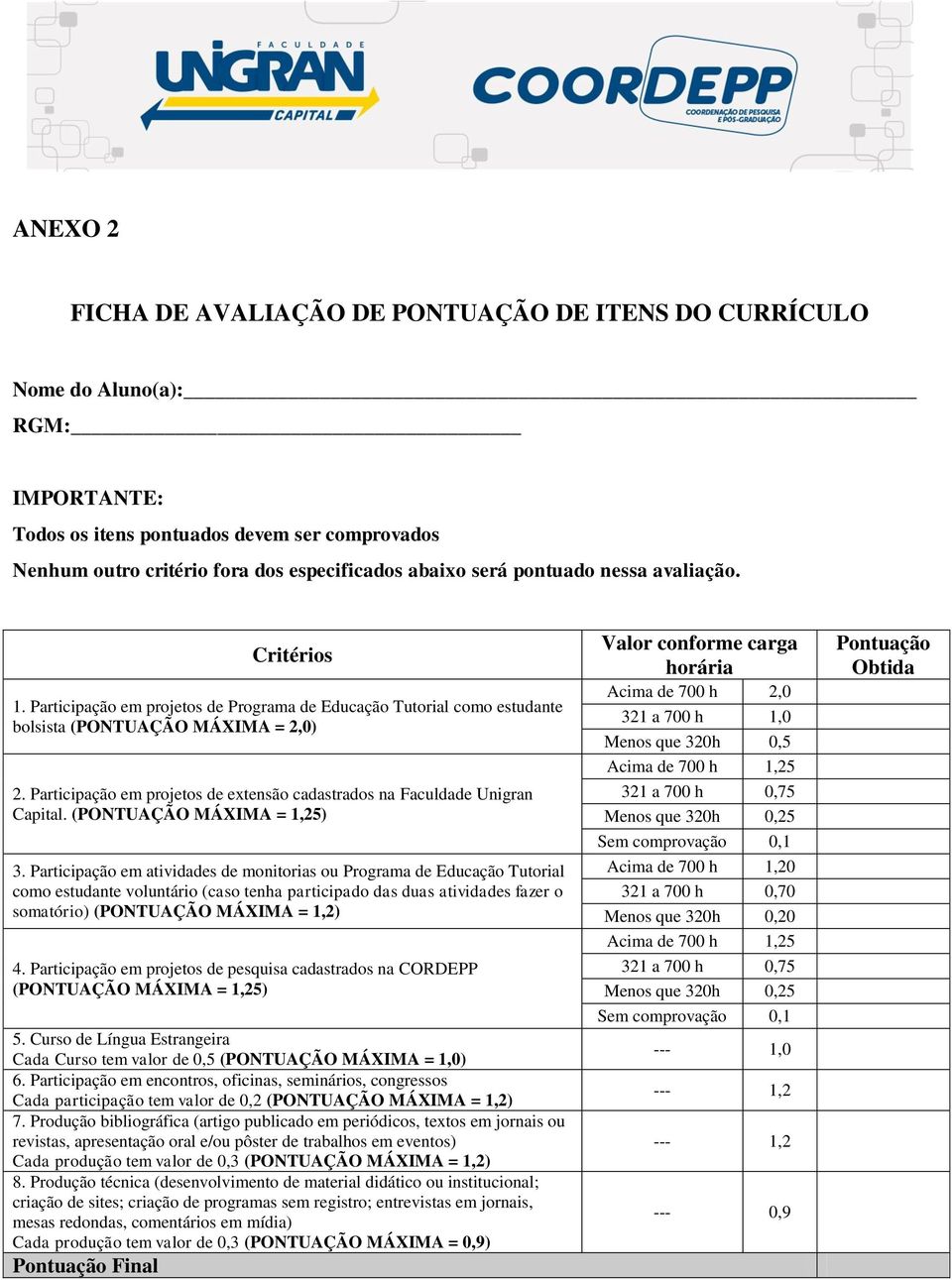 Participação em projetos de extensão cadastrados na Faculdade Unigran Capital. (PONTUAÇÃO MÁXIMA = 1,25) 3.