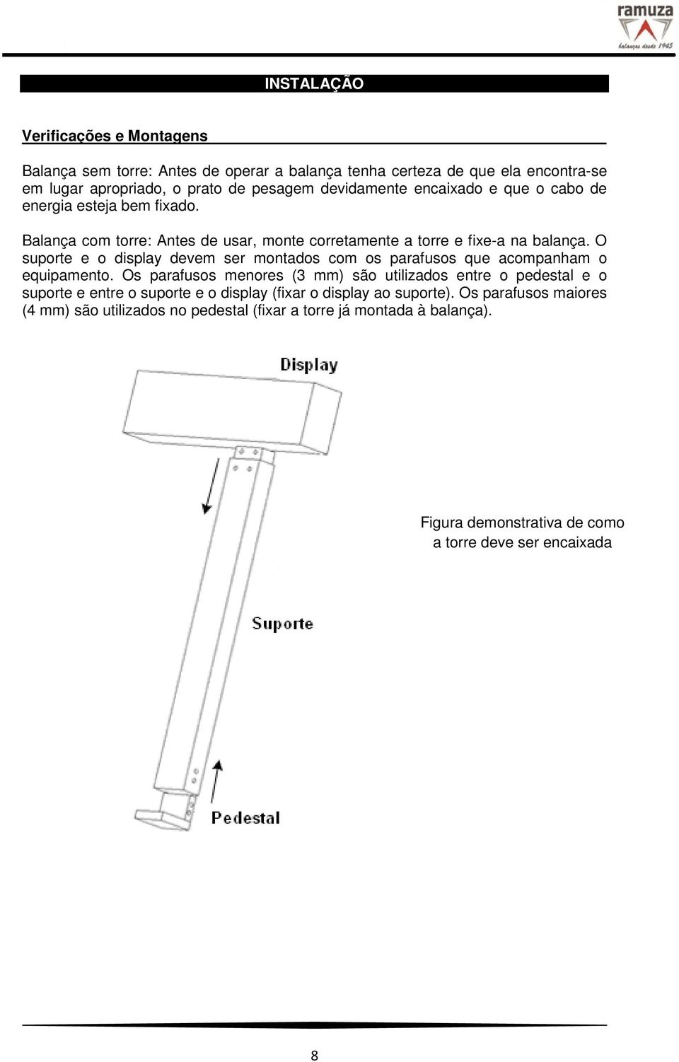 O suporte e o display devem ser montados com os parafusos que acompanham o equipamento.