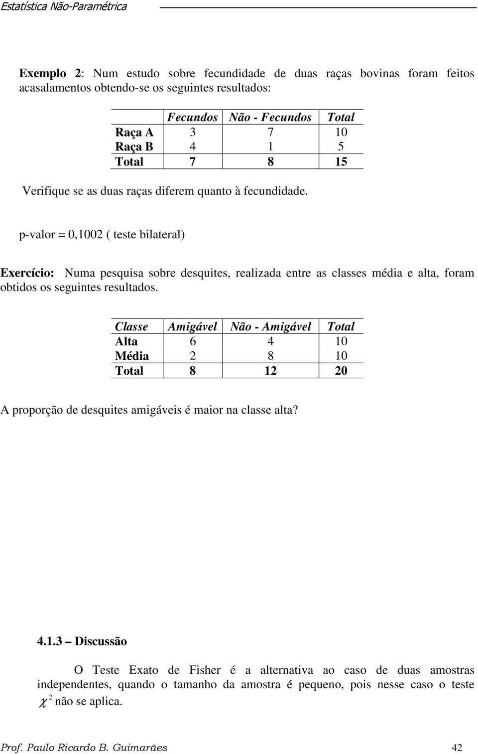 p-valor 0,100 ( teste bilateral) Exercício: Numa pesquisa sobre desquites, realizada entre as classes média e alta, foram obtidos os seguintes resultados.