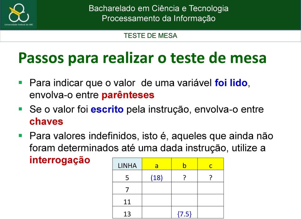 entre chaves Para valores indefinidos, isto é, aqueles que ainda não foram