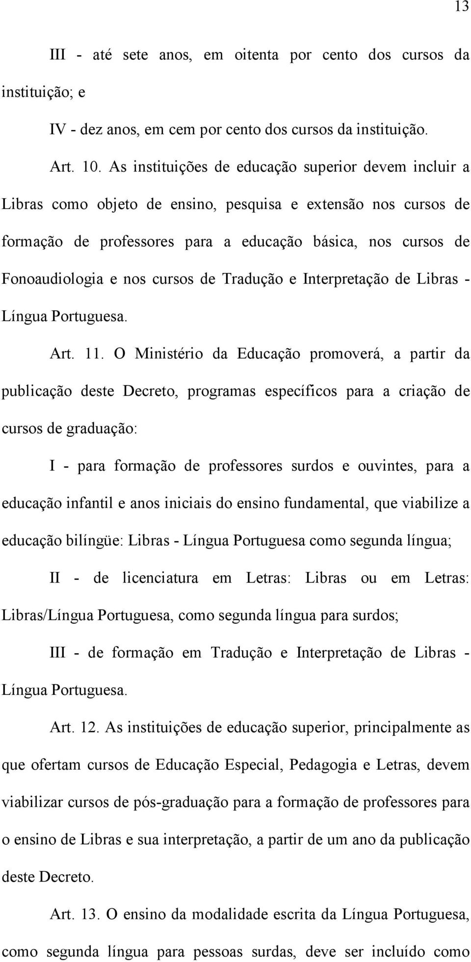 cursos de Tradução e Interpretação de Libras - Língua Portuguesa. Art. 11.