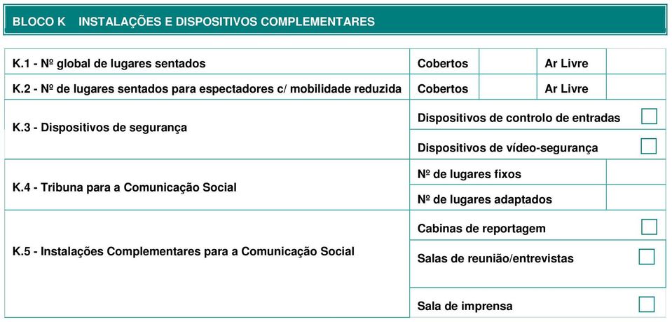 4 - Tribuna para a Comunicação Social Dispositivos de controlo de entradas Dispositivos de vídeo-segurança Nº de lugares