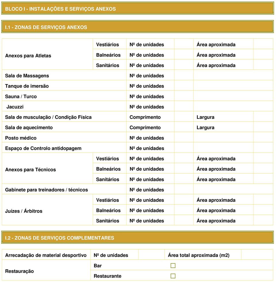 de imersão Sauna / Turco Jacuzzi Nº de unidades Nº de unidades Nº de unidades Nº de unidades Sala de musculação / Condição Física Comprimento Largura Sala de aquecimento Comprimento Largura Posto