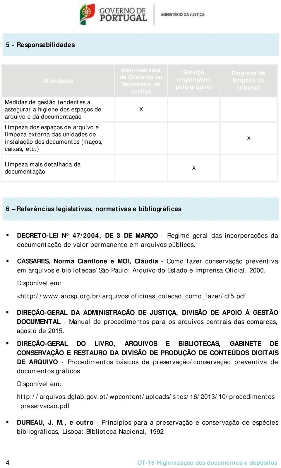 ) Limpeza mais detalhada da documentação 6 Referências legislativas, normativas e bibliográficas DECRETO-LEI Nº 47/2004, DE 3 DE MARÇO - Regime geral das incorporações da documentação de valor