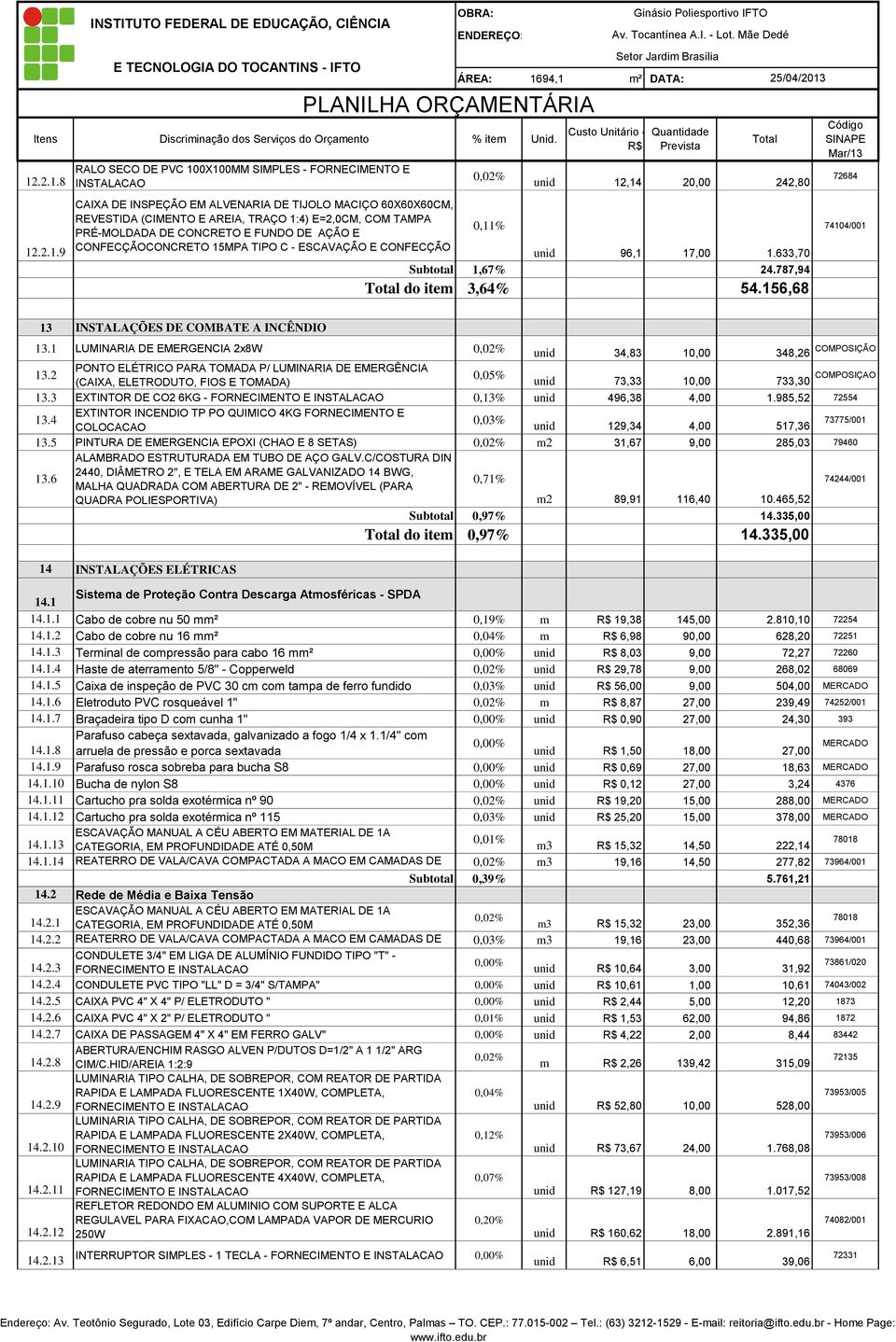 156,68 72684 74104/001 13 INSTALAÇÕES DE COMBATE A INCÊNDIO 13.1 LUMINARIA DE EMERGENCIA 2x8W unid 34,83 10,00 348,26 COMPOSIÇÃO 13.
