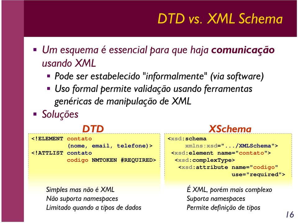 validação usando ferramentas genéricas de manipulação de XML Soluções DTD <!ELEMENT contato (nome, email, telefone)> <!