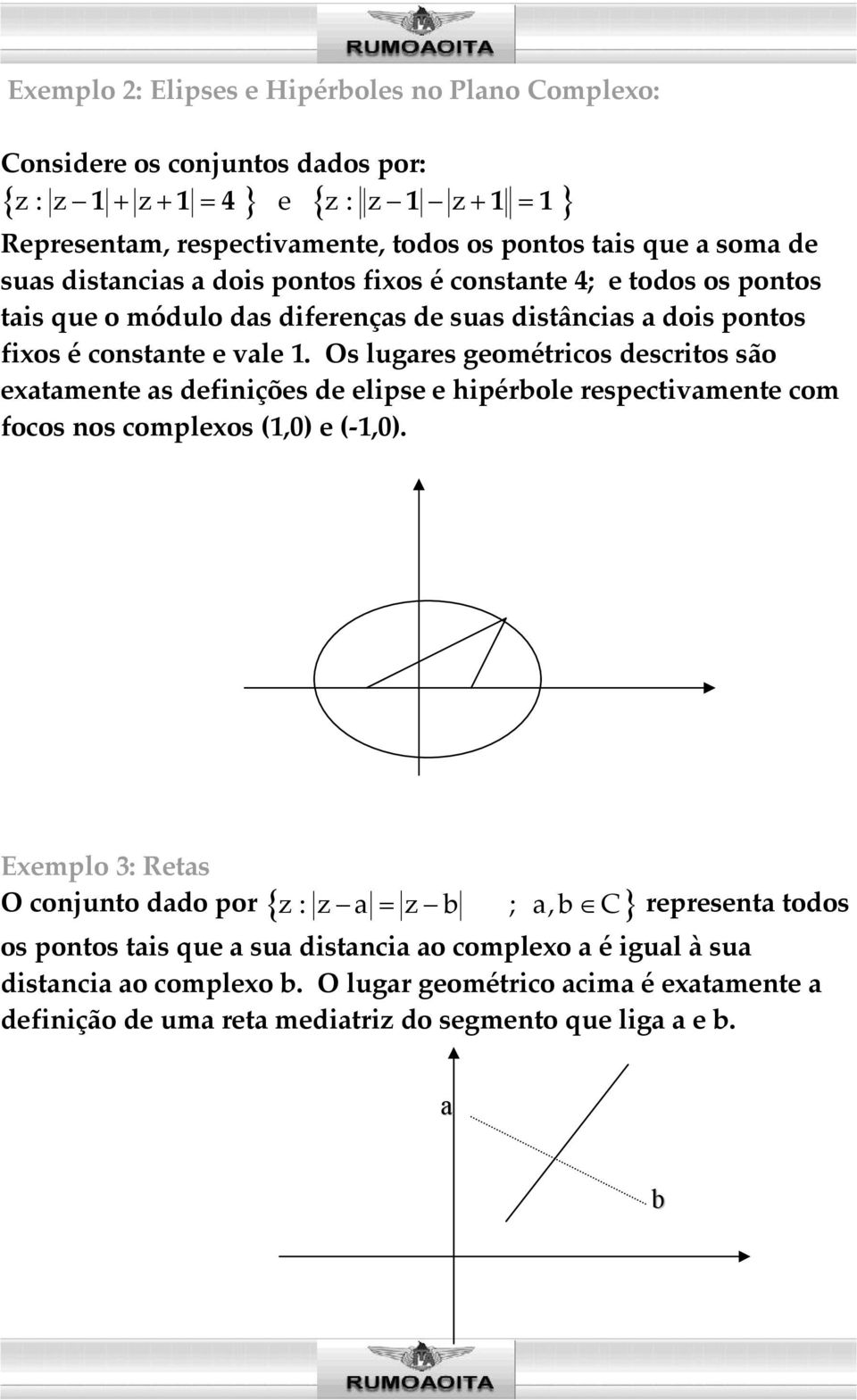 Os lugares geométricos descritos são exatamente as definições de elipse e hipérbole respectivamente com focos nos complexos (1,0) e (-1,0).