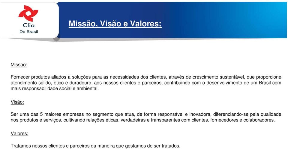 Visão: Ser uma das 5 maiores empresas no segmento que atua, de forma responsável e inovadora, diferenciando-se pela qualidade nos produtos e serviços, cultivando