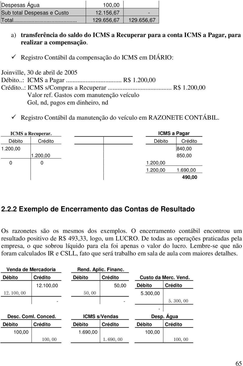 Gastos com manutenção veículo Gol, nd, pagos em dinheiro, nd Registro Contábil da manutenção do veículo em RAZONETE CONTÁBIL. ICMS a Recuperar. ICMS a Pagar 1.200,00 840,00 1.200,00 850,00 0 0 1.