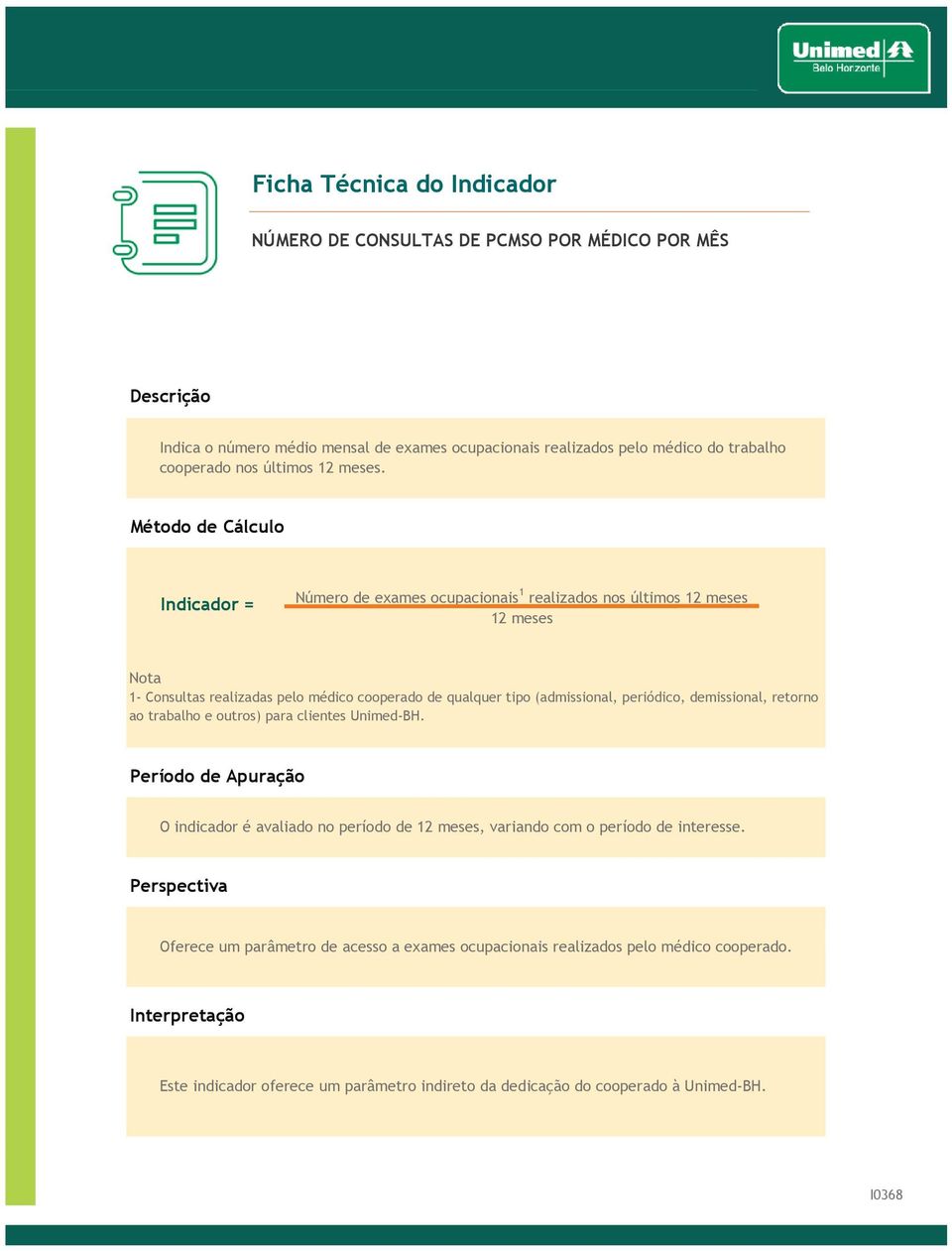 Indicador = Número de exames ocupacionais 1 realizados nos últimos 12 meses 12 meses 1- Consultas realizadas pelo médico cooperado de qualquer