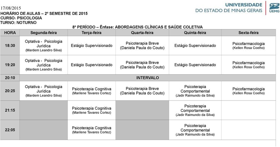 Comportamental (Jadir Raimundo da Silva) Psicofarmacologia (Kellen Rosa Coelho) Psicoterapia Cognitiva (Marilene Tavares Cortez)