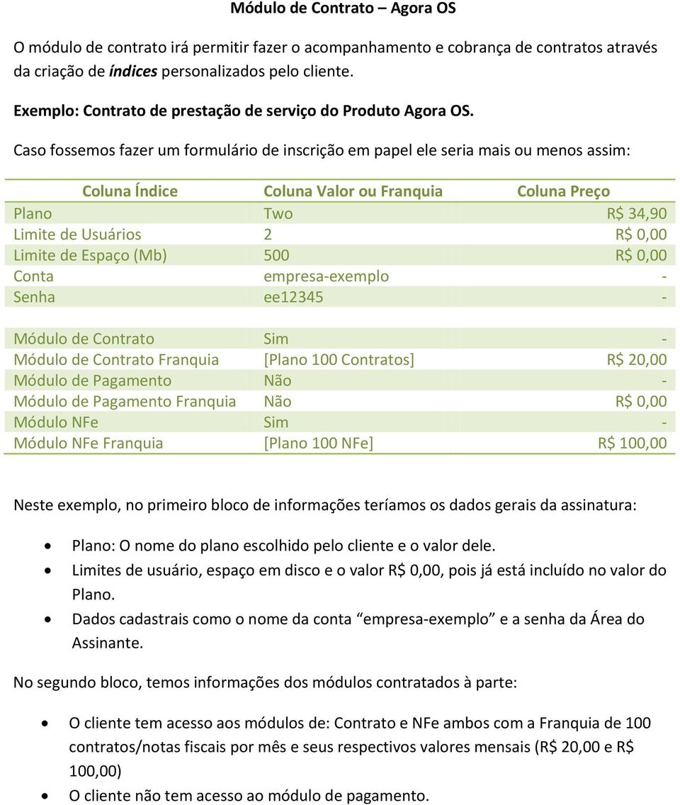 Caso fossemos fazer um formulário de inscrição em papel ele seria mais ou menos assim: Coluna Índice Coluna Valor ou Franquia Coluna Preço Plano Two R$ 34,90 Limite de Usuários 2 R$ 0,00 Limite de