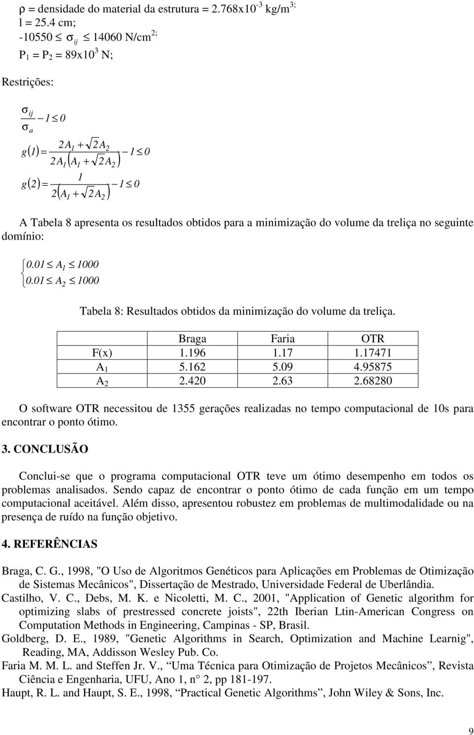 treliça no seguinte domínio: 0.0 A 000 0.0 A 000 Tabela 8: Resultados obtidos da minimização do volume da treliça. Braga Faria OTR F(x).96.7.747 A 5.6 5.09 4.95875 A.40.63.