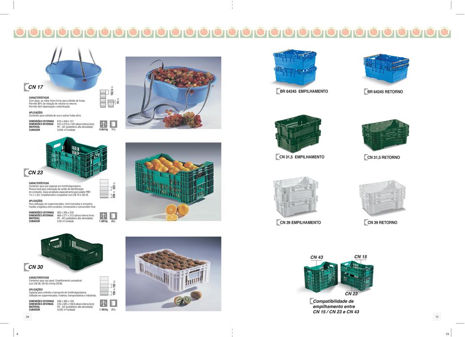 610 x 449 x 157 570 x 374,5 x 150 (altura interna livre) 0,043 m3/unidade 0,954 Kg 17 L CN 23 230 mm 223 mm Contentor para uso especial em hortifrutigranjeiros.