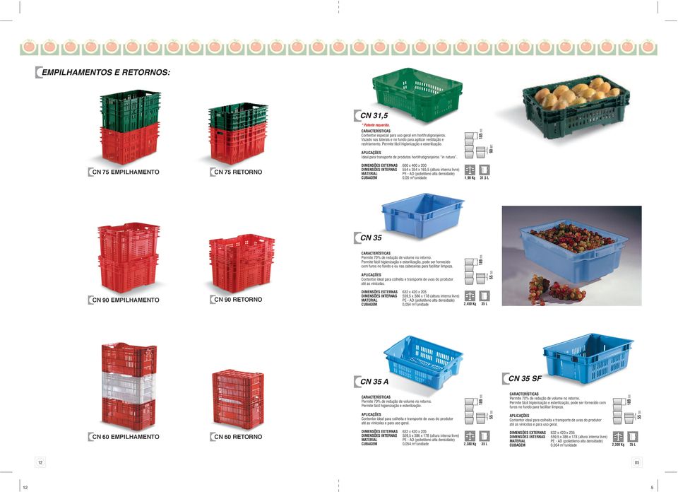 CN 75 EMPILHAMENTO CN 75 RETORNO 600 x 400 x 200 554 x 354 x 165,5 (altura interna livre) 0,05 m3/unidade 1,90 Kg 31,5 L CN 35 55 mm 189 mm Permite 70% de redução de volume no retorno.