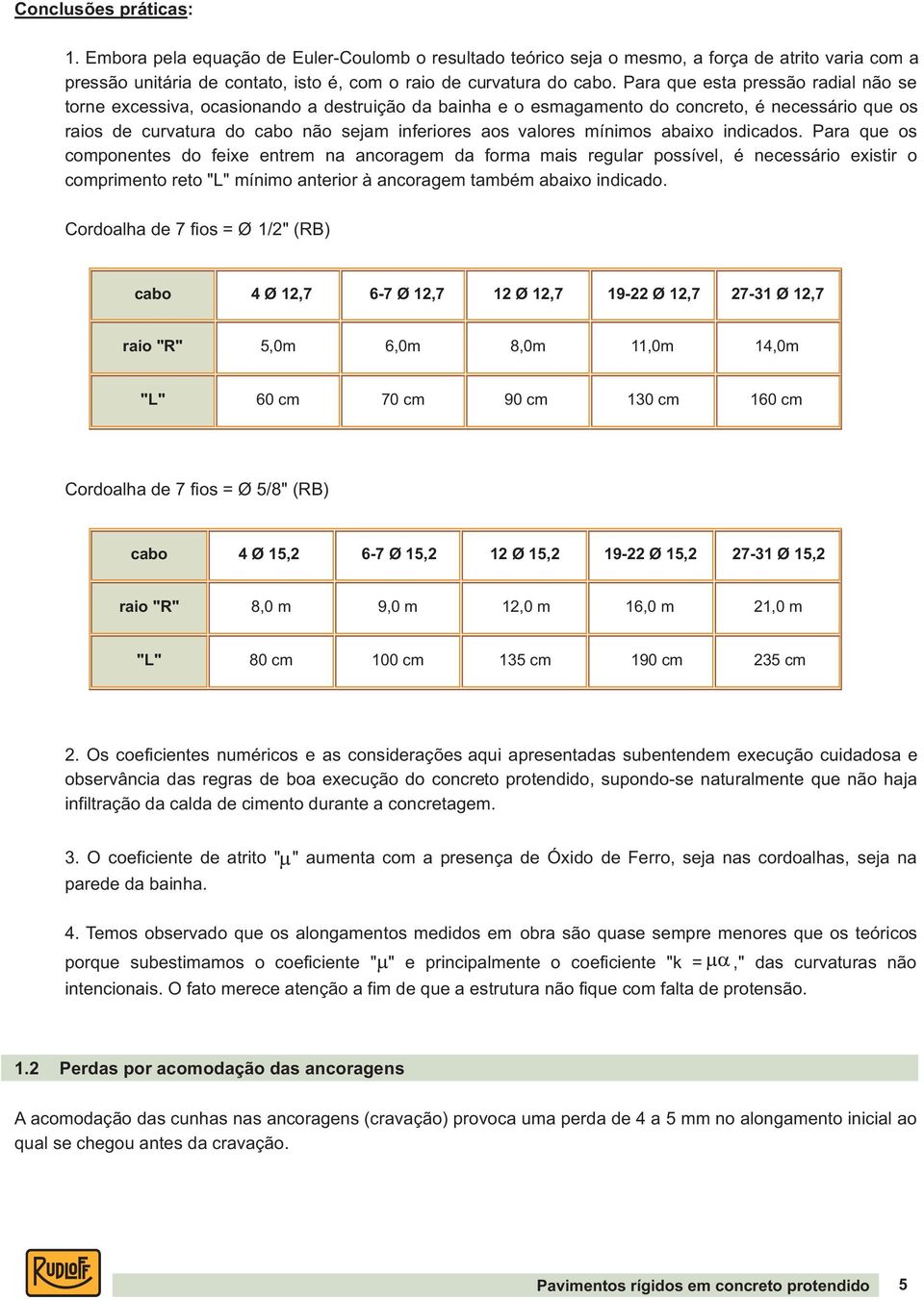 abaixo indicados. Para que os componentes do feixe entrem na ancoragem da forma mais regular possível, é necessário existir o comprimento reto "L" mínimo anterior à ancoragem também abaixo indicado.