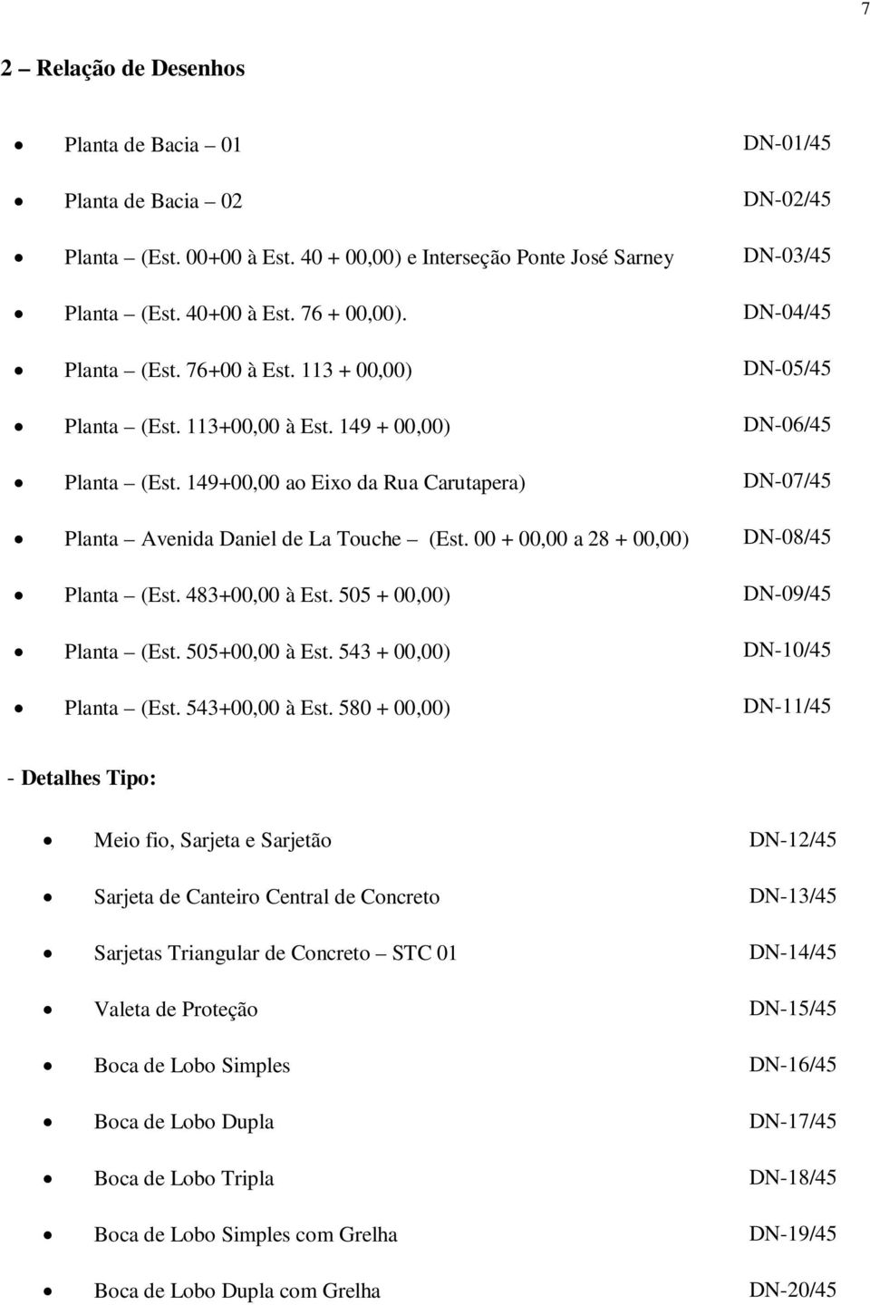 149+00,00 ao Eixo da Rua Carutapera) DN-07/45 Planta Avenida Daniel de La Touche (Est. 00 + 00,00 a 28 + 00,00) DN-08/45 Planta (Est. 483+00,00 à Est. 505 + 00,00) DN-09/45 Planta (Est.