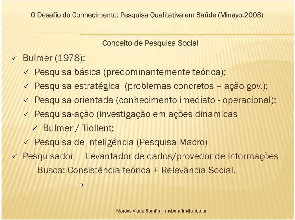 ); Pesquisa orientada (conhecimento imediato - operacional); Pesquisa-ação (investigação em ações