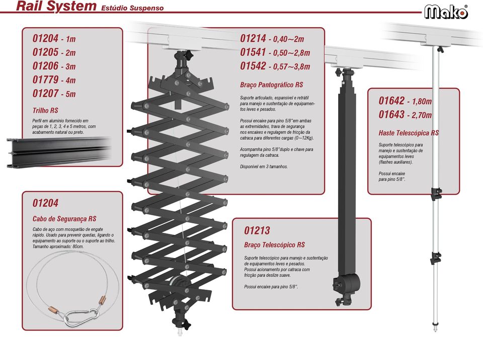 Possui encaixe para pino 5/8 em ambas as extremidades, trava de segurança nos encaixes e regulagem de fricção da catraca para diferentes cargas (0~12Kg).