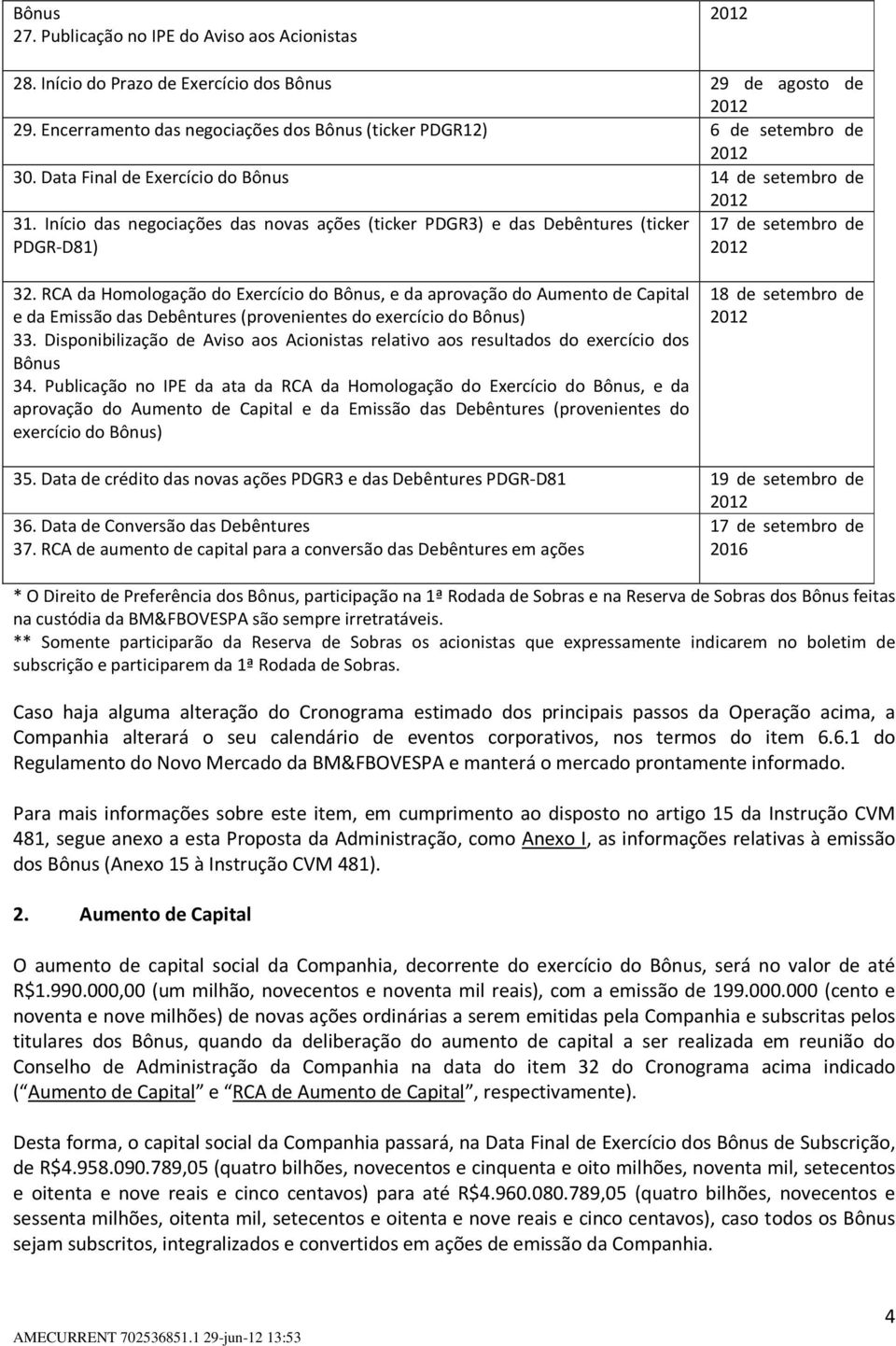 Início das negociações das novas ações (ticker PDGR3) e das Debêntures (ticker PDGR-D81) 17 de setembro de 2012 32.