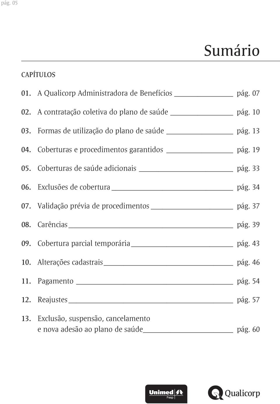 Exclusões de cobertura pág. 34 07. Validação prévia de procedimentos pág. 37 08. Carências pág. 39 09. Cobertura parcial temporária pág. 43 10.