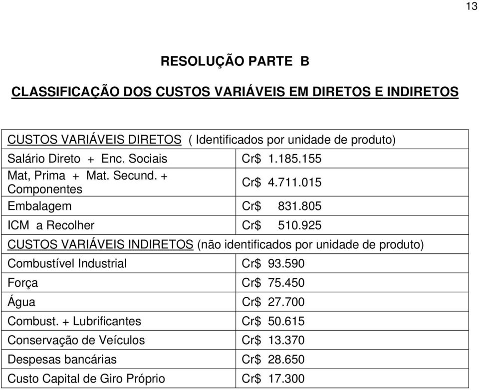 805 ICM a Recolher Cr$ 510.925 CUSTOS VARIÁVEIS INDIRETOS (não identificados por unidade de produto) Combustível Industrial Cr$ 93.