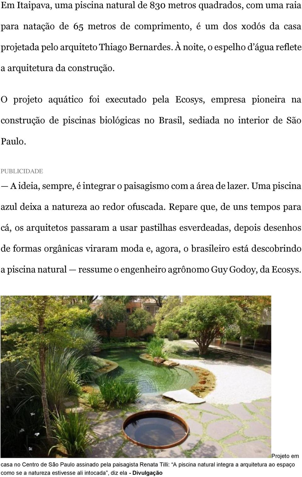 O projeto aquático foi executado pela Ecosys, empresa pioneira na construção de piscinas biológicas no Brasil, sediada no interior de São Paulo.