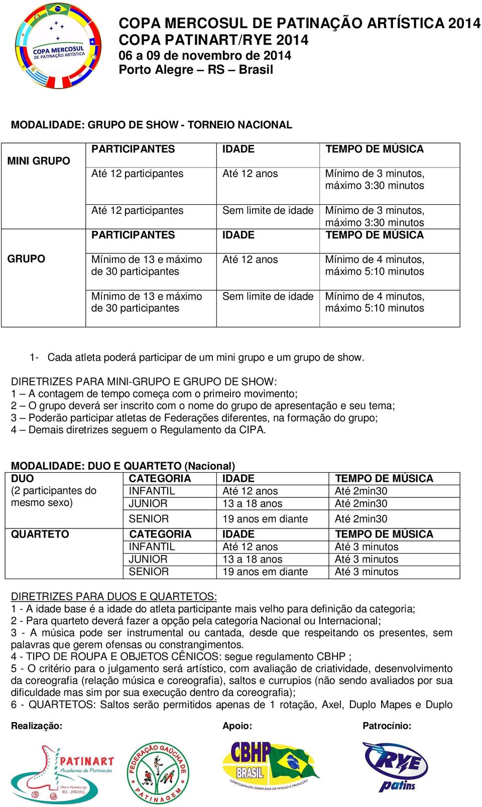 e máximo de 30 participantes Sem limite de idade Mínimo de 4 minutos, máximo 5:10 minutos 1- Cada atleta poderá participar de um mini grupo e um grupo de show.