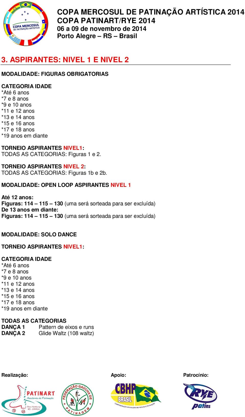 MODALIDADE: OPEN LOOP ASPIRANTES NIVEL 1 Até 12 anos: Figuras: 114 115 130 (uma será sorteada para ser excluída) De 13 anos em diante: Figuras: 114 115 130 (uma será sorteada para ser excluída)