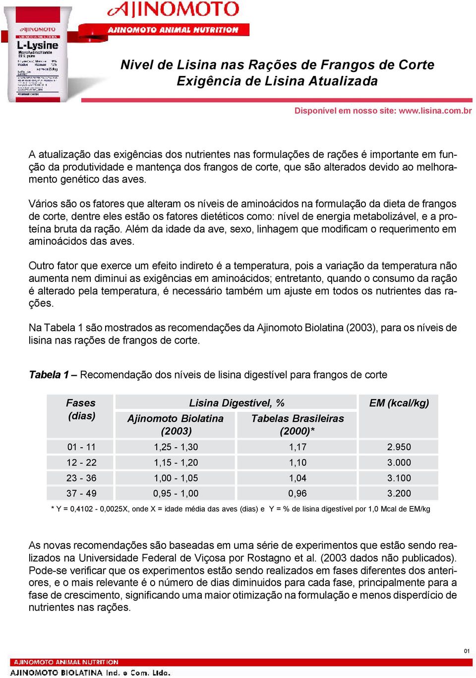 aves. Vários são os fatores que alteram os níveis de aminoácidos na formulação da dieta de frangos de corte, dentre eles estão os fatores dietéticos como: nível de energia metabolizável, e a proteína