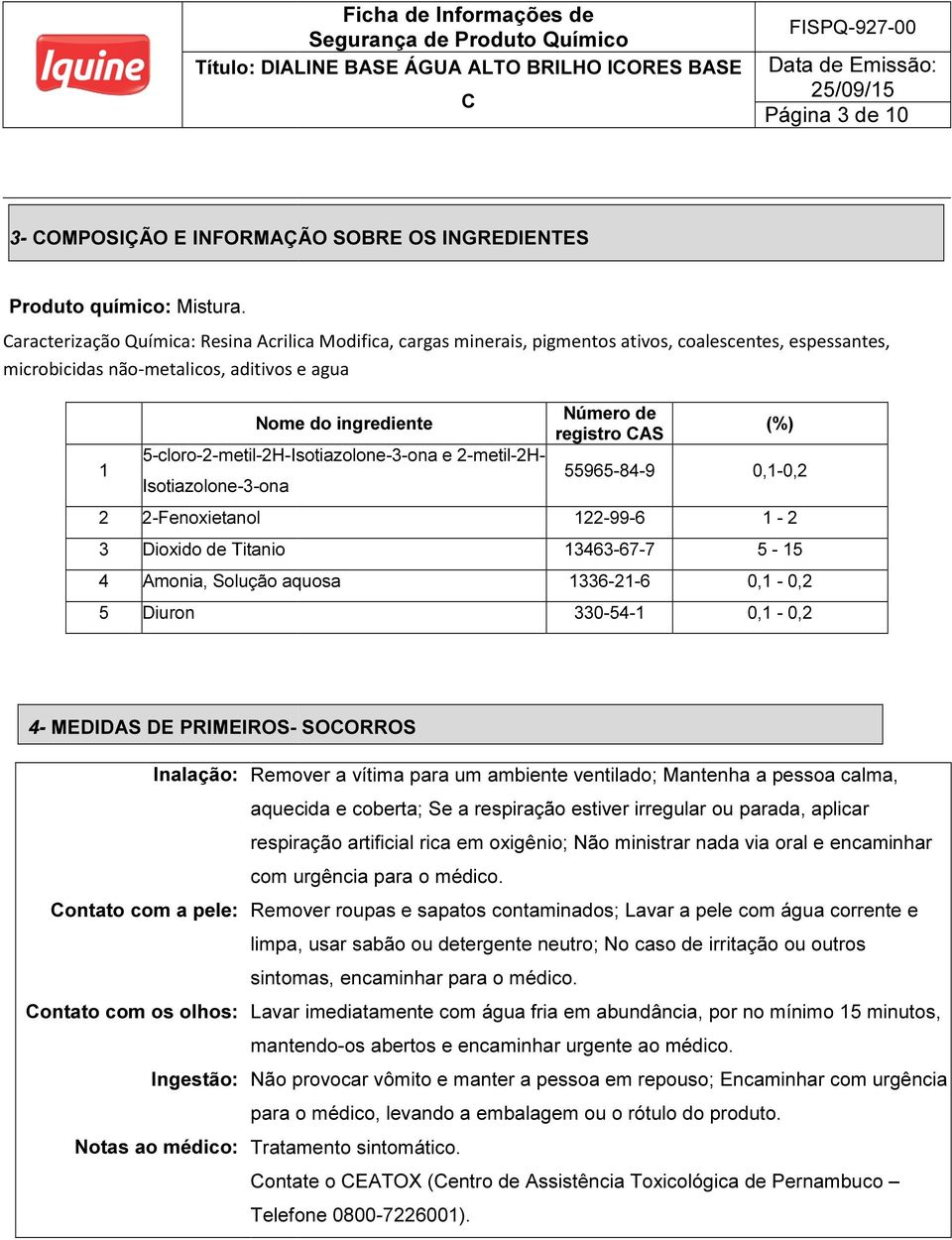 5-cloro-2-metil-2H-Isotiazolone-3-ona e 2-metil-2H- Isotiazolone-3-ona 2 2-Fenoxietanol 3 Dioxido de Titanio 4 Amonia, Solução aquosa 1336-21-6 5 Diuron Número de registro AS 55965-84-9 122-99-6