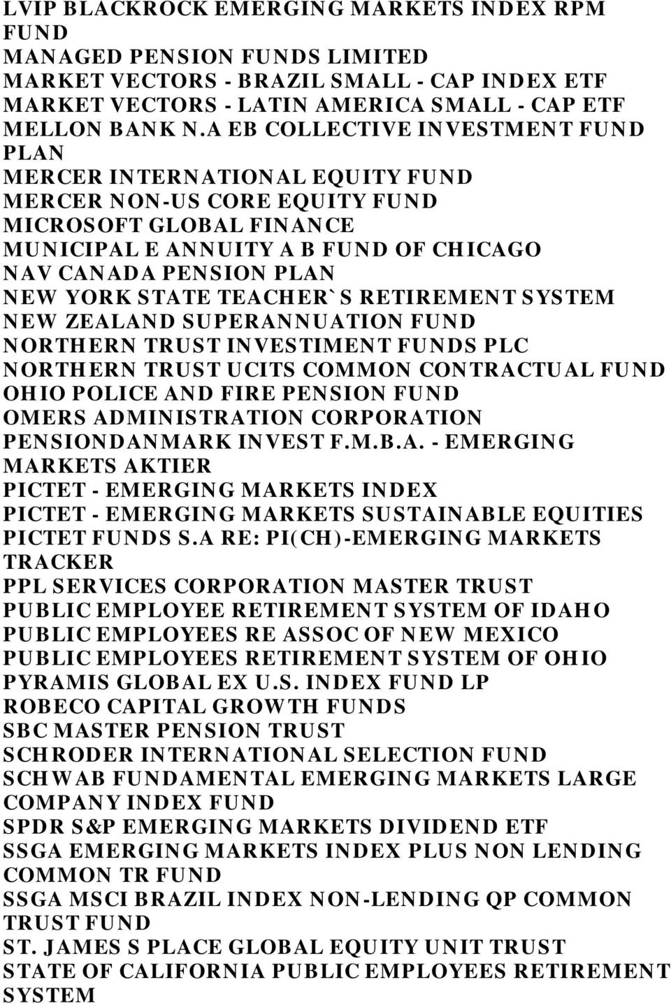 STATE TEACHER`S RETIREMENT SYSTEM NEW ZEALAND SUPERANNUATION FUND NORTHERN TRUST INVESTIMENT FUNDS PLC NORTHERN TRUST UCITS COMMON CONTRACTUAL FUND OHIO POLICE AND FIRE PENSION FUND OMERS
